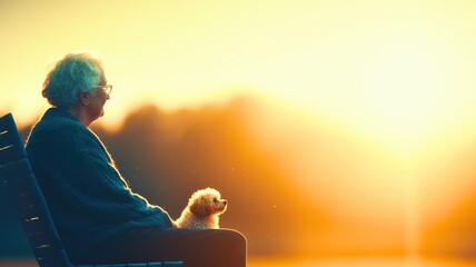 Fototapeta premium An elderly person sits on a bench beside a small dog, enjoying a serene sunset by the water, reflecting tranquility and companionship.