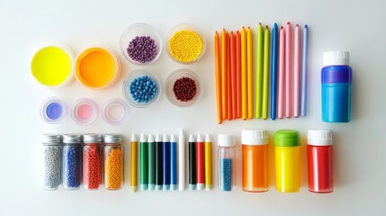 Obraz premium Creative art supplies display studio workspace colorful tools organized layout artistic inspiration