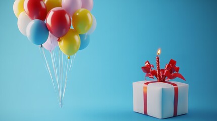 Colorful birthday gift and balloons with blue background