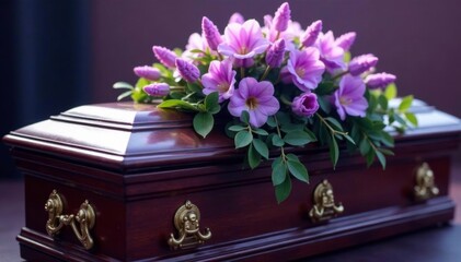 A casket rests beneath a blooming wreath of lavender, casket, solemn occasion