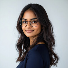 Obraz premium Beautiful and professional female employee wearing eyeglasses.