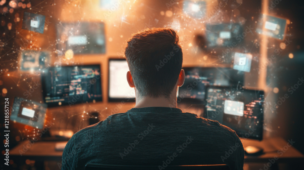 Poster focused individual engaged in complex analysis surrounded by multiple computer screens