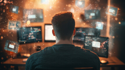 Focused Individual Engaged in Complex Analysis Surrounded by Multiple Computer Screens