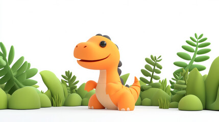 Fototapeta premium Cute orange dinosaur in lush green jungle setting