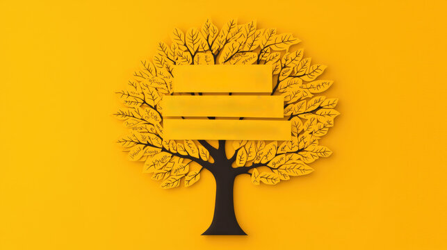 Vibrant Yellow Background Tree Design With Leaves Symbolizing Nature, Growth, and Sustainability Concepts