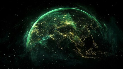 Abstract visualization of planet Earth highlighting Asian cities with vibrant lights against a dark backdrop