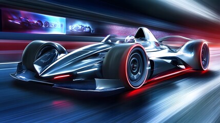 Futuristic race car speeding through a neon-lit tunnel. Sleek design, glowing red accents, and motion blur emphasize speed and technology.  A digital display shows other futuristic cars.