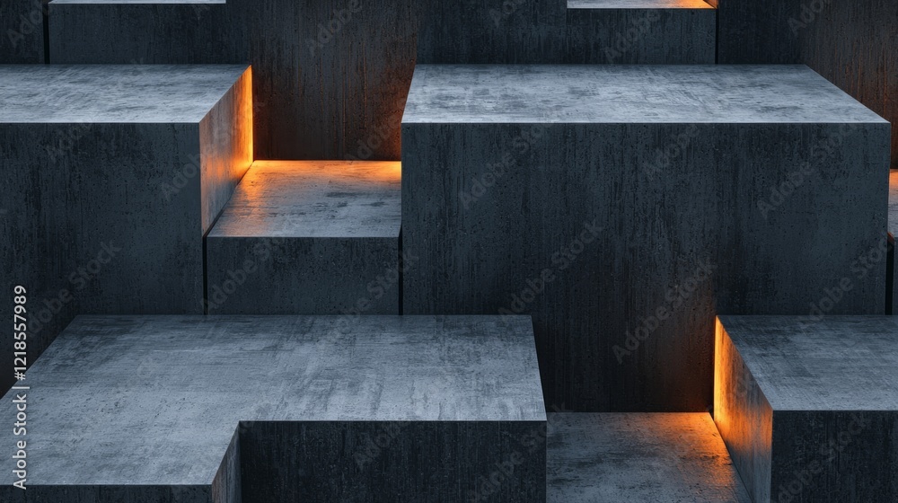 Poster abstract dark concrete blocks with glowing edges creating a modern architectural design