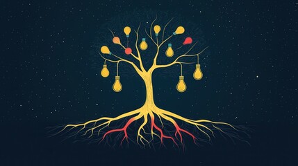 Vibrant Tree with Light Bulbs Representing Ideas and Creativity on a Dark Background with Starry Sky