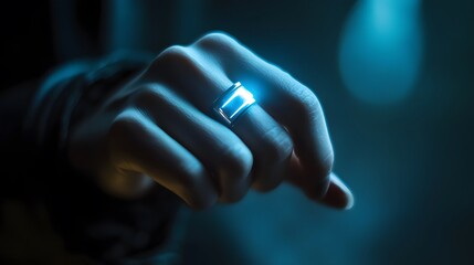Close-up of a hand wearing a futuristic, glowing ring.