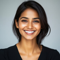 Fototapeta premium a smiling Indian woman with long, straight black hair flowing around her shoulders. standing on white background