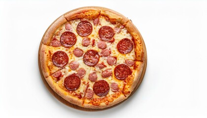 Delicious pizza with salami, sausages, mozzarella and tomato sauce, isolated on white background