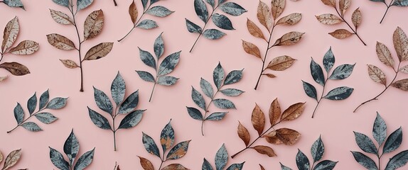 Oak leaves with a weathered look on a plain pale pink background