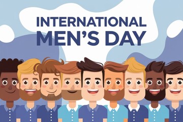 Illustration for International Men's Day with a group of cartoon men smiling