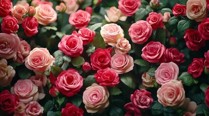 Obraz premium Vibrant Bunch of Pink and Red Roses Displaying Lush Petals and Rich Colors Against a Soft Green Background Creating a Romantic and Joyful Atmosphere Ideal for Any Floral Arrangement