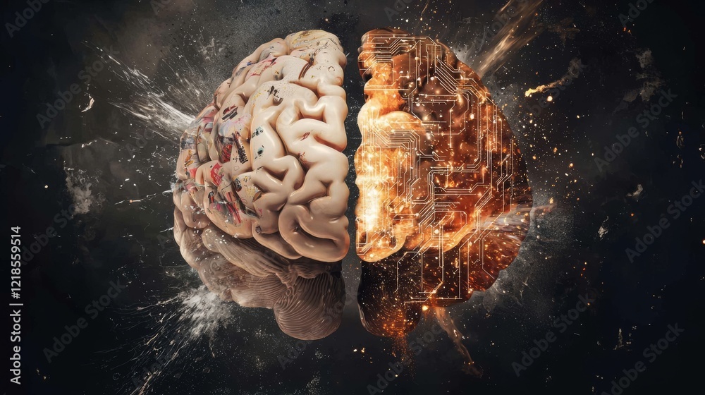 Poster conceptual split image of human brain merging with technology and digital circuitry design