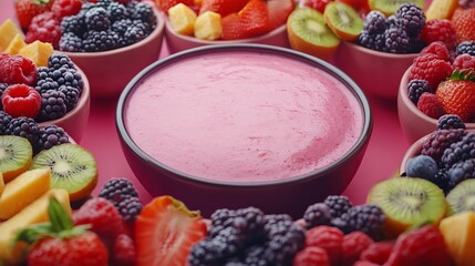 Vibrant Display of Fresh Fruit and Colorful Yories in a Decorative Bowl Capturing the Essence of Healthy Eating with a Lively and Artistic Presentation in a Bright Natural Setting