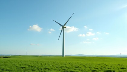 Fototapeta premium Wind turbine in green field under blue sky.