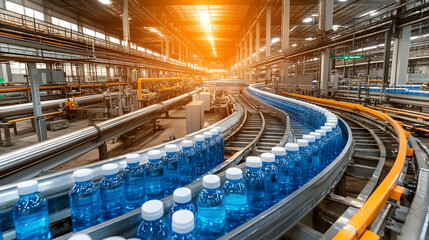 Fototapeta premium Factory Bottling Line, Conveyor, Production, Sunlight