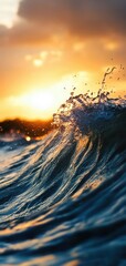 A stunning sunset over the ocean, with waves splashing in the foreground, capturing the beauty of nature's colors and movement.