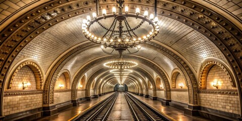 Obraz premium Elegant subway tunnel with high ceiling and ornate chandeliers, subway tunnel, chandeliers