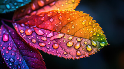 A closeup of the colorful leaf with water droplets, showcasing its autumn vibrant colors and intricate patterns. The background is dark to highlight the rainbow hues on each leaf