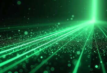 Obraz premium 3D Abstract Background: Green Neon Lines Sliding Down, Modern Digital Wallpaper, Glowing Particles, Futuristic Art, Dynamic, Tech, Sci-Fi, Streaming Light, Motion, 3D Rendered. 