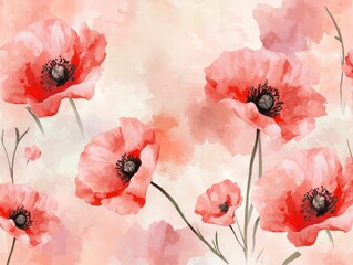 Naklejka premium A Seamless Pattern of Red and Orange Poppy Flowers on an Off-White Background