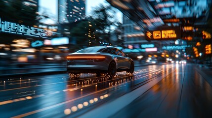 Futuristic Electric Car Driving Through City Streets at Night with Motion Blur and Neon Lights