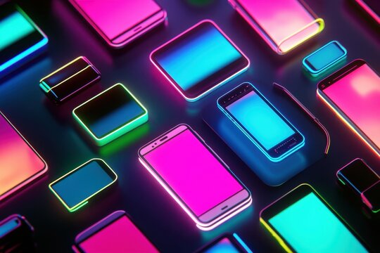 Colorful modern devices arranged in vibrant patterns under soft lighting