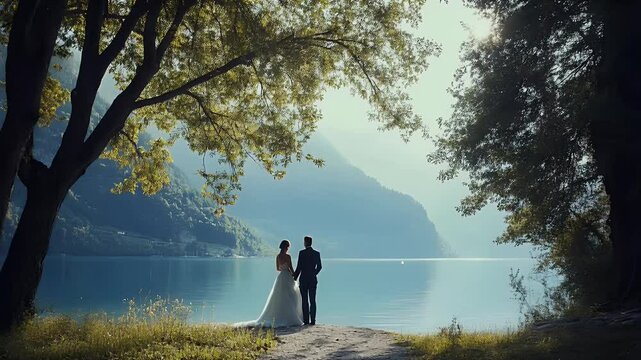 Forever by the Lake: A  bride and groom stand hand-in-hand, their silhouettes framed by lush trees, gazing out at a breathtaking mountain lake.,  4k video