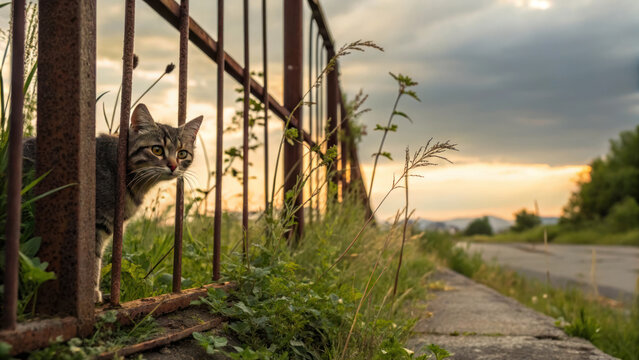 Stray cat peeking through rusted fence, surrounded by grass and plants