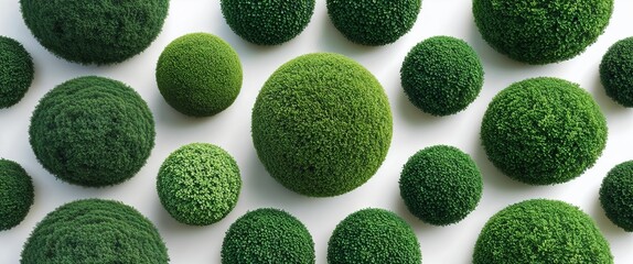 Rounded topiary bushes displayed symmetrically on a white background