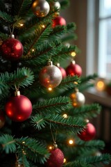 Fototapeta premium A Christmas tree adorned with ornaments and decorated with garlands, tree, ornaments, evergreen