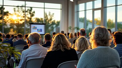 Golden Hour Conference: Attendees captivated by a presentation during a sunset conference.
