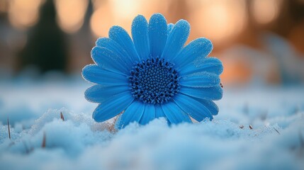 Blue flower, snow, sunset, winter, garden
