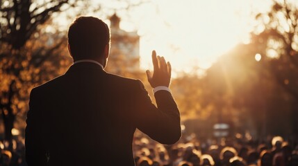 A leader speaks to a crowd from a platform. They discuss leadership, managing groups, and political elections.