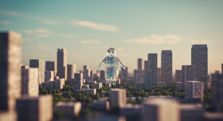 Obraz premium Glass Figure Soaring Above Cityscape: A Serene Digital Artwork