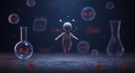 Ethereal Figure Amidst Glowing Flasks: A Surreal 3D Scene