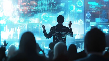 Attendees applaud at a business training session, surrounded by data visualizations. 