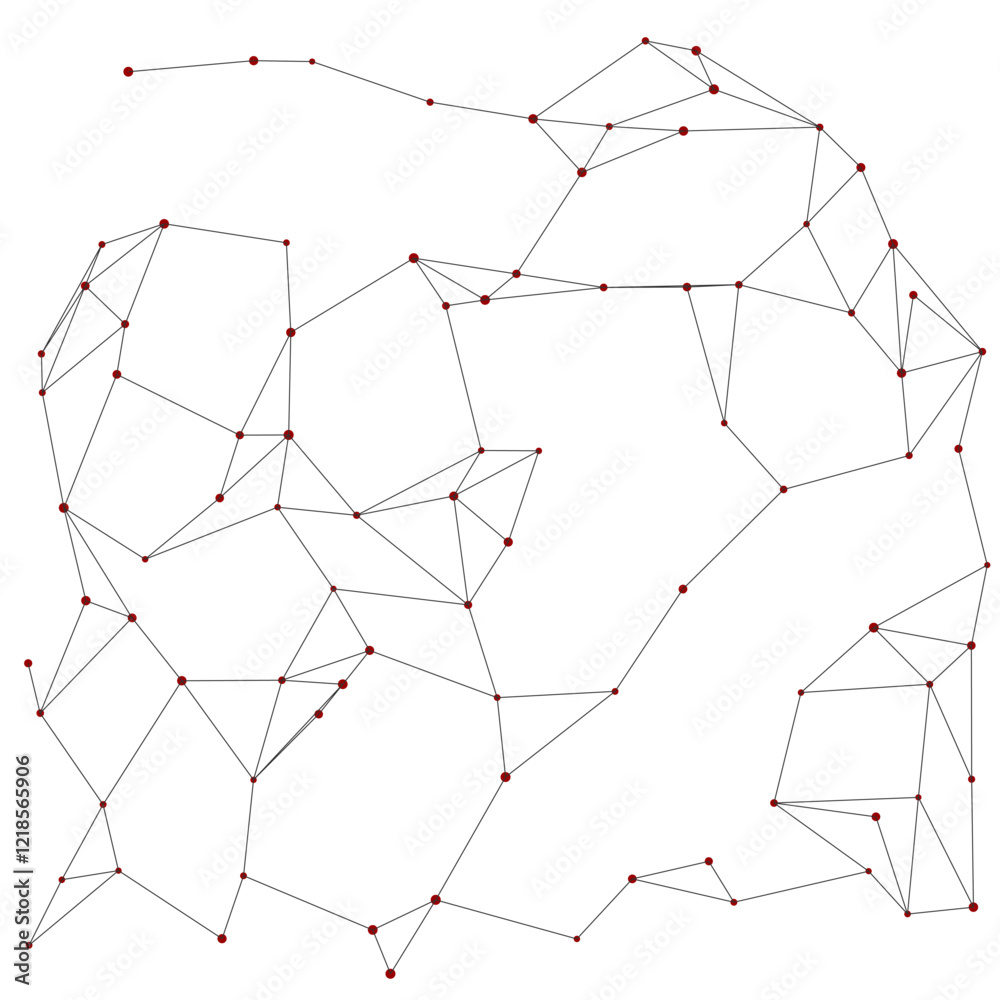 Aufkleber Isolated network visualization of red nodes linked by black lines creating irregular pattern. Abstract composition of interconnected data points. Complexity, organization, structure.
