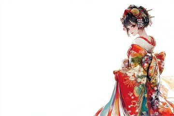 Fototapeta premium A beautiful anime style geisha in a colorful kimono, against a white background