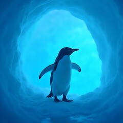Naklejka premium A penguin is captured standing in a cave with blue-hued walls, seemingly inside an ice cave or ice chamber, its gaze directed to the right.
