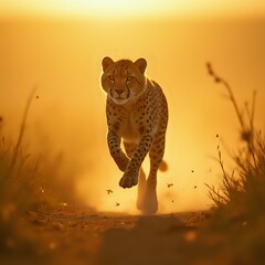 A cheetah strides across a dusty path, its fur glistening in the golden light of the setting sun, its gaze fixed ahead.