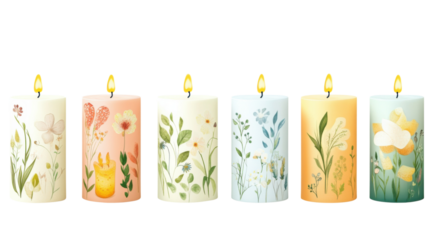 Candles with floral flower pattern on transparent background