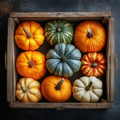 A Beautiful Display of Colorful Pumpkins in a Rustic Wooden Crate Featuring a Variety of Shapes and Textures for Seasonal Fall Decor or Harvest Celebration