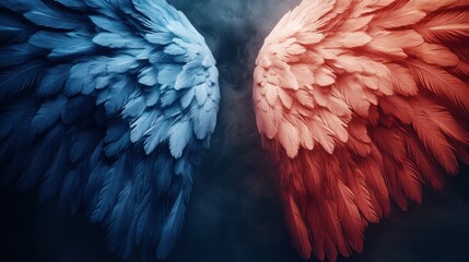 Obraz premium Blue, red wings, smoke, duality, fantasy art