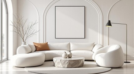 Modern living room frame mockup. Living room wall poster design. Interior mockup with house background. Modern interior design. 3D render.