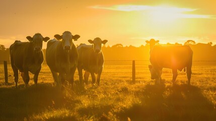 Naklejka premium Cattle grazing sunset pasture field farmland golden hour