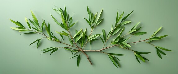 Fototapeta premium Willow tree leaves scattered naturally on a plain soft green background